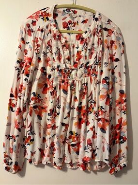 Lucky Brand Floral Smocked Yoke Long-Sleeve Blouse - White with Red Floral 3/$25